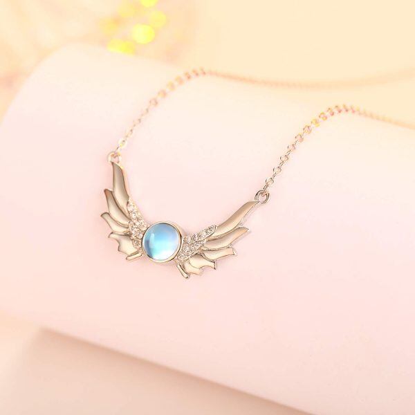 Sterling Silver Moonstone Silver Plated Guardian Angel Wing Pendent Necklace -2