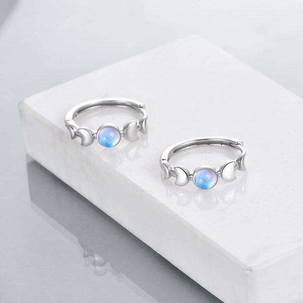 Sterling Silver Moon Moonstone Silver Plated Hoops Rings-4