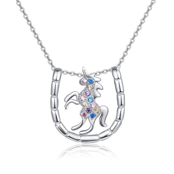 Sterling Silver Zircon Silver Plated Unicorns Horseshoe Pendant Necklace -0