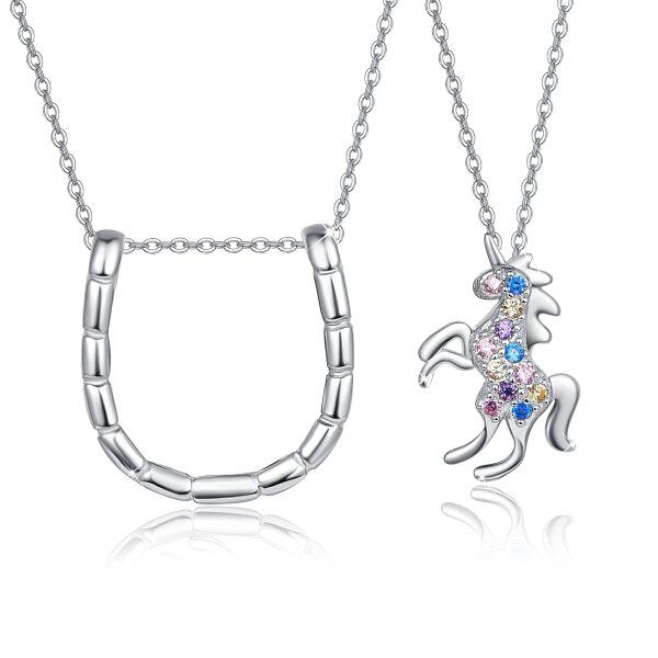 Sterling Silver Zircon Silver Plated Unicorns Horseshoe Pendant Necklace -1