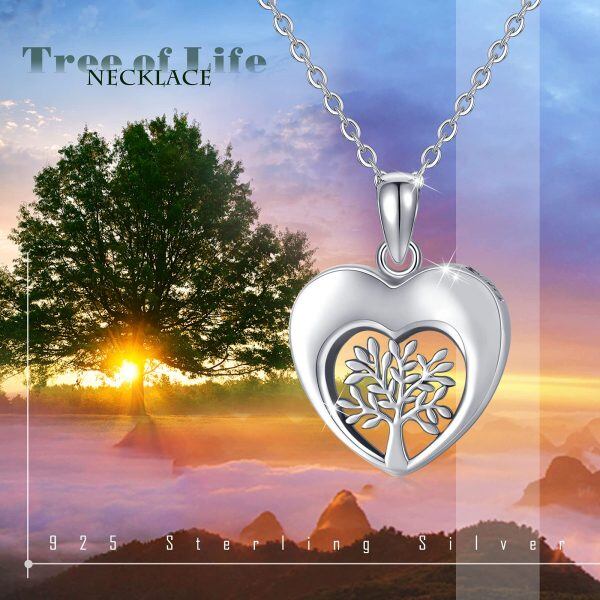 Sterling Silver Silver Plated Tree of Life Heart Urn Pendant Necklace -5