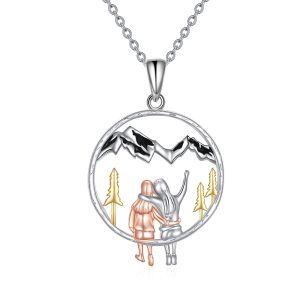 Sterling Silver Two Tone Color Silver Silver Plated Sister Mountain Pendant Necklace-0