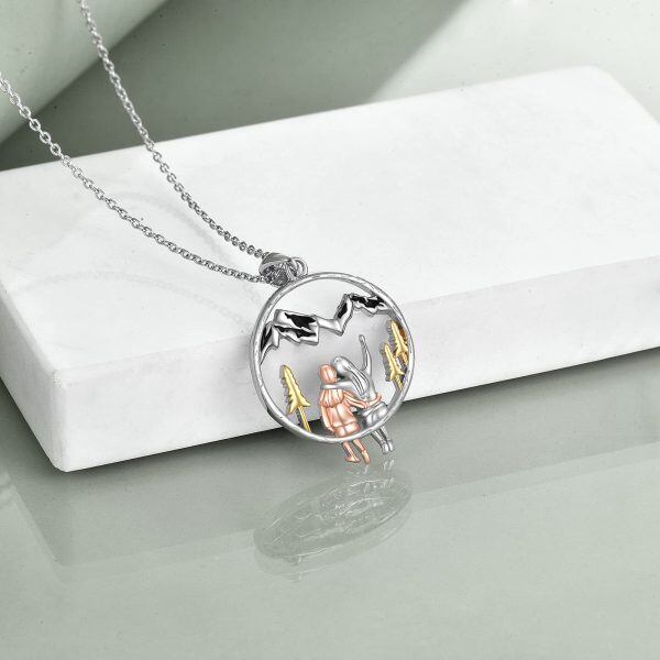 Sterling Silver Two Tone Color Silver Silver Plated Sister Mountain Pendant Necklace-3