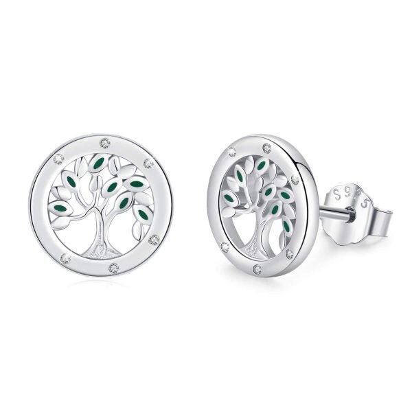 Sterling Silver Zirocn Silver Plated Round Shape with Green Enamel Leaves Family Tree of Life Studs Earrings -0