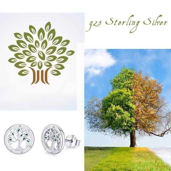 Sterling Silver Zirocn Silver Plated Round Shape with Green Enamel Leaves Family Tree of Life Studs Earrings -4