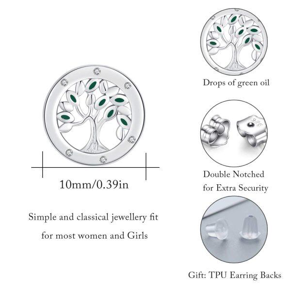 Sterling Silver Zirocn Silver Plated Round Shape with Green Enamel Leaves Family Tree of Life Studs Earrings -5