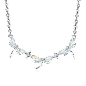 Sterling Silver Opal and Zircon Silver Plated Dragonfly Pendant Necklace-0