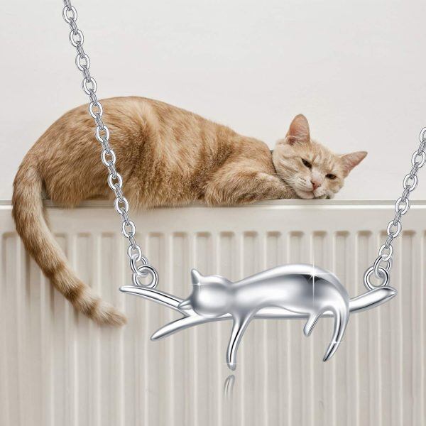 Sterling Silver Silver Plated Lazy Cat on Tree Branch Pendant Necklace -3