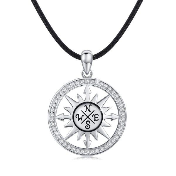 Sterling Silver Zircon Silver Plated Nautical Compass Necklace-0