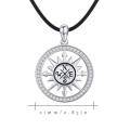 wholesale 925 Sterling Silver Round Compass Pendant Necklace with Cubic Zirconia for Men & Women-0-1