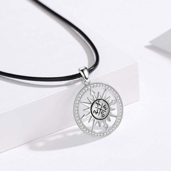 Sterling Silver Zircon Silver Plated Nautical Compass Necklace-4