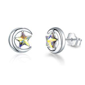 Sterling Silver Crystal Silver Plated Moon Star Dainty Stud Earrings -0