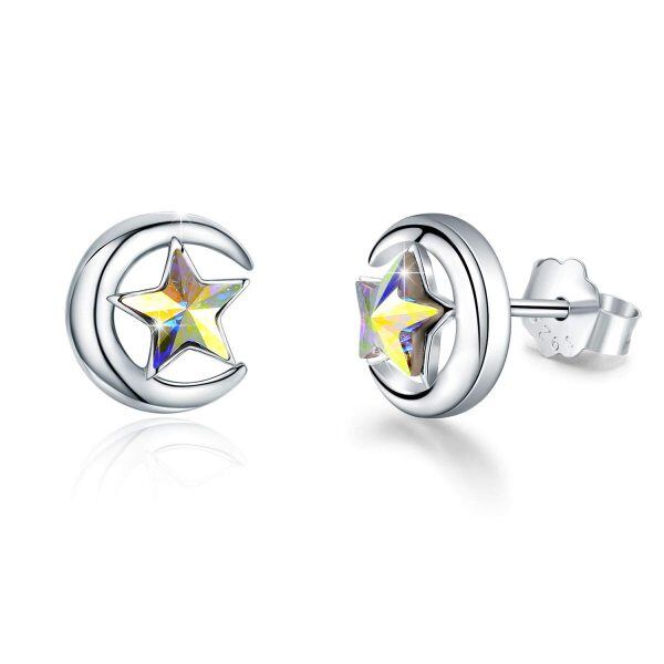 Sterling Silver Crystal Silver Plated Moon Star Dainty Stud Earrings -0