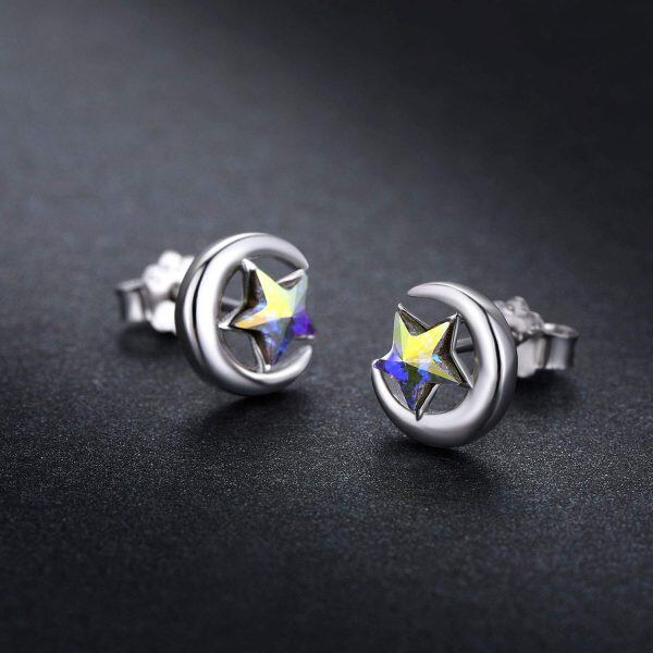 Sterling Silver Crystal Silver Plated Moon Star Dainty Stud Earrings -6