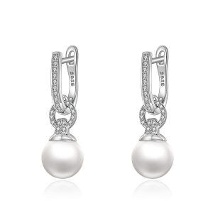 Sterling Silver Pearl and Zircon Silver Plated Drop Earrings Hoop Dangling Chandelier Pearl Earrings-0