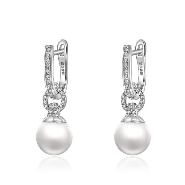 Sterling Silver Pearl and Zircon Silver Plated Drop Earrings Hoop Dangling Chandelier Pearl Earrings-0