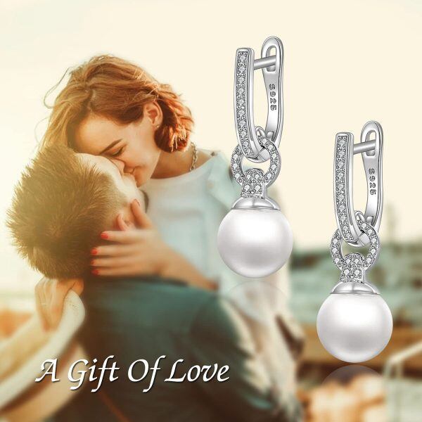 Sterling Silver Pearl and Zircon Silver Plated Drop Earrings Hoop Dangling Chandelier Pearl Earrings-5