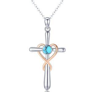 Sterling Silver Abalone Shell Two Tone Color Cross Infinity Heart Pendant Necklace-0