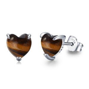 Sterling Silver Tiger's Eye Silver Plated Heart Stud Earrings -0