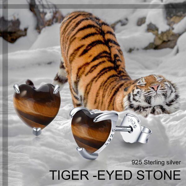 Sterling Silver Tiger's Eye Silver Plated Heart Stud Earrings -4