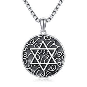 Sterling Silver Oxidized Six-pointed Star Jewish Pendant Necklace-0