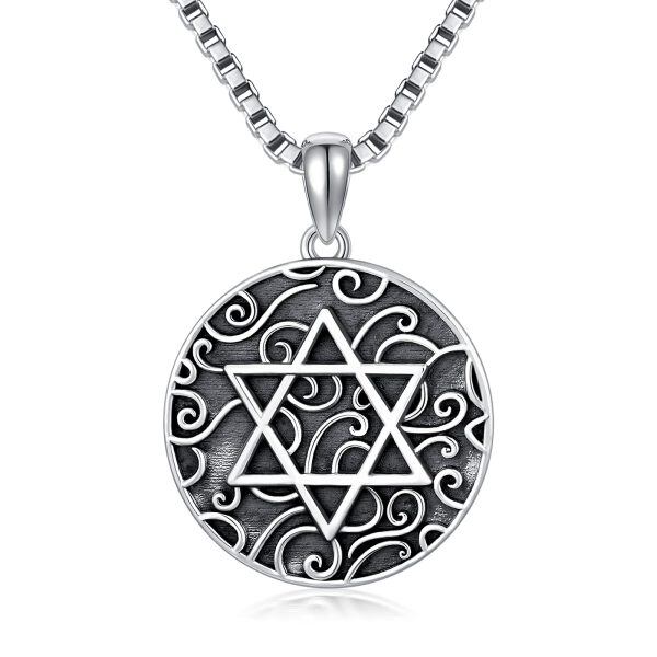 Sterling Silver Oxidized Six-pointed Star Jewish Pendant Necklace-0