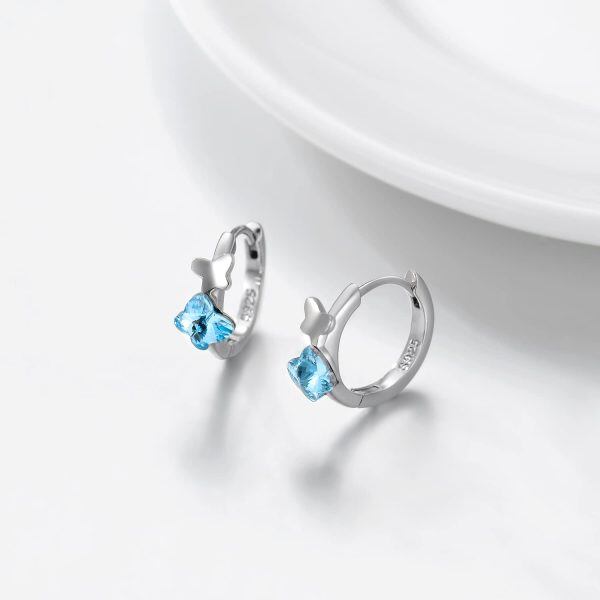 Sterling Silver Crystal Silver Plated Butterfly Hoop Earrings-1