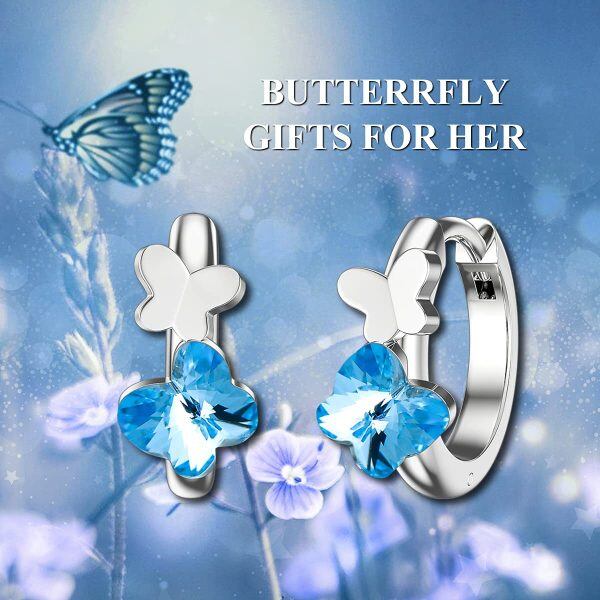 Sterling Silver Crystal Silver Plated Butterfly Hoop Earrings-5