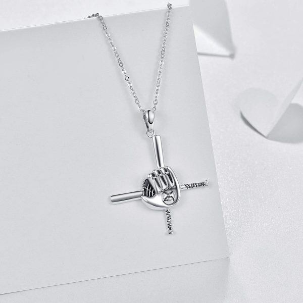 Sterling Silver Oxidized Sport Baseball Cross Necklace -2