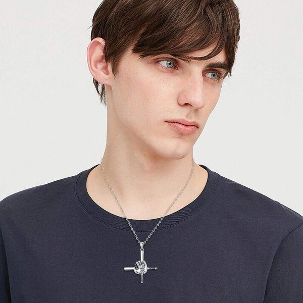 Sterling Silver Oxidized Sport Baseball Cross Necklace -5