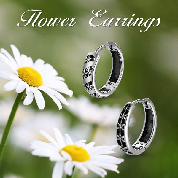 Sterling Silver Oxidized Small Flower Huggie Hoop Earrings-4