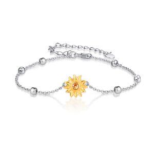 Sterling Silver Zircon Two Tone Color Sunflower Bracelet Adjustable Ball Charm-0