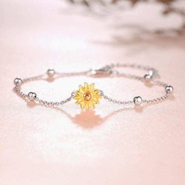 Sterling Silver Zircon Two Tone Color Sunflower Bracelet Adjustable Ball Charm-1