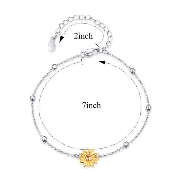 Sterling Silver Zircon Two Tone Color Sunflower Bracelet Adjustable Ball Charm-4