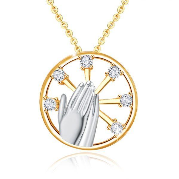 Sterling Silver Zircon Gold Plated Praying Hand Pendant Necklace -0