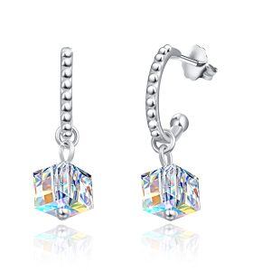 Sterling Silver Cube Crystal Silver Plated Drop Dangle Earrings -0