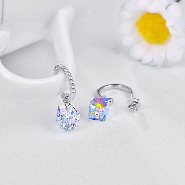 Sterling Silver Cube Crystal Silver Plated Drop Dangle Earrings -1