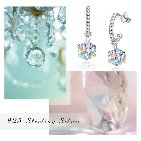 Sterling Silver Cube Crystal Silver Plated Drop Dangle Earrings -5