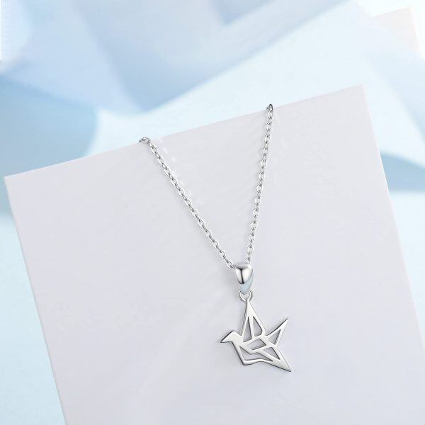 Sterling Silver Silver Plated Paper Crane Bird Style Pendant Necklace-1