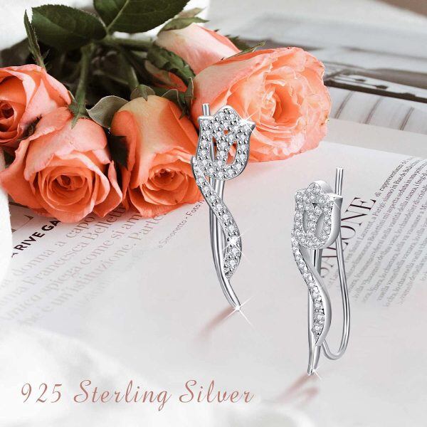 Sterling Silver Zircon Silver Plated Tulip Earrings -5