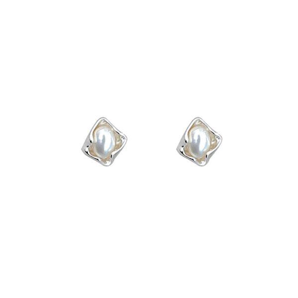 Sterling Silver Irregular Square Freshwater Pearl Stud Earrings-0