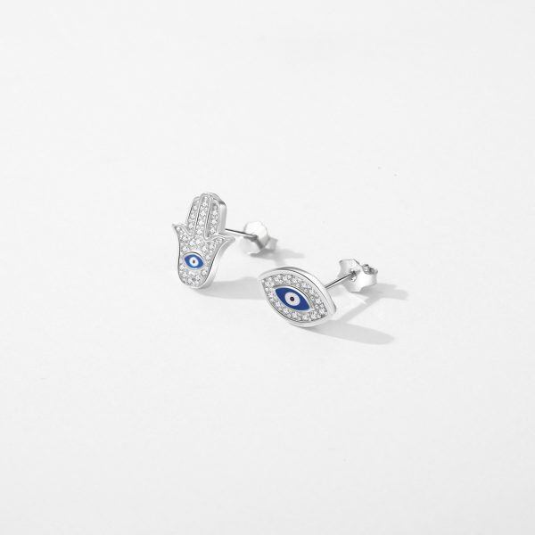 Sterling Silver Devil's Eye Women's and Hand of Fatima Stud Earrings-1