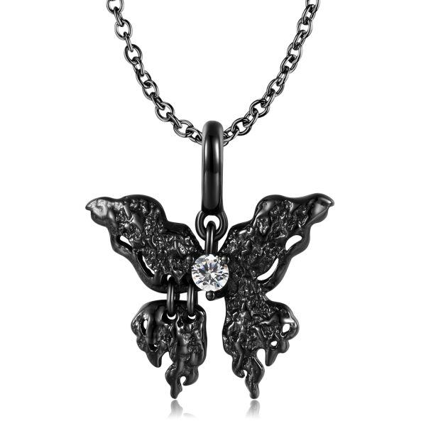 Sterling Silver Black Skull Butterfly Pendant Necklace-0