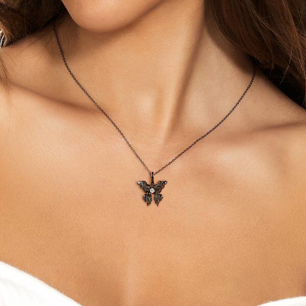 Sterling Silver Black Skull Butterfly Pendant Necklace-3