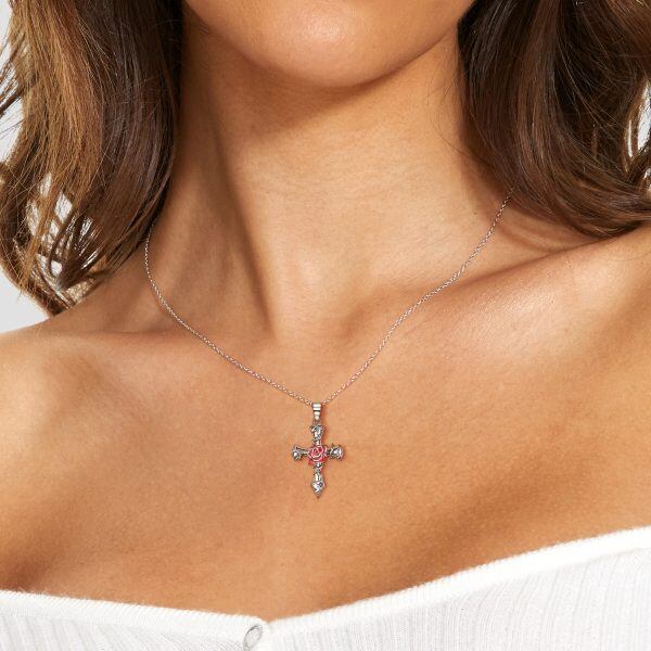 Sterling Silver Vintage Rose Cross Pendant Necklace-3