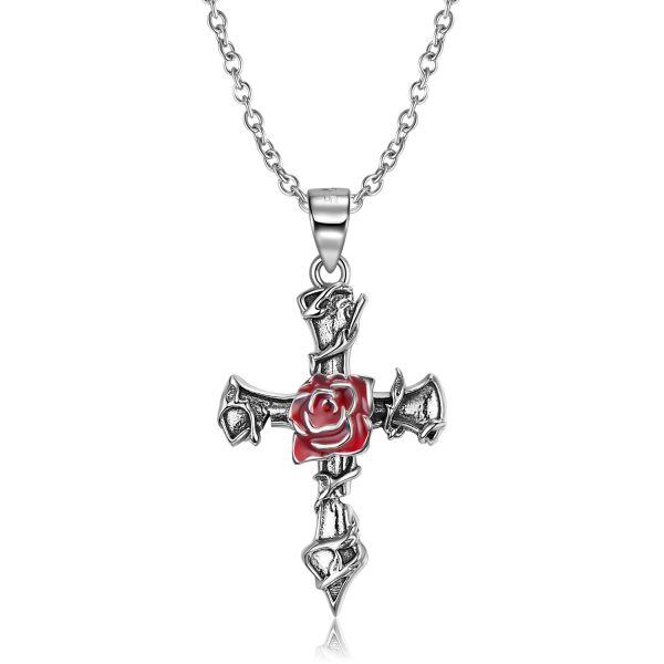 Sterling Silver Vintage Rose Cross Pendant Necklace-4