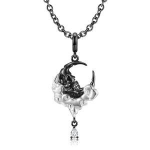 Sterling Silver Moon Crescent Gothic Skull Pendant Necklace-0