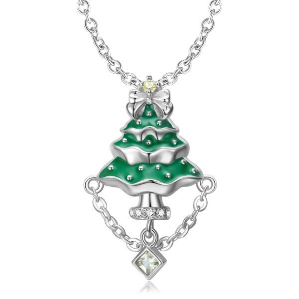 Sterling Silver Enamel Christmas Tree Pendant Necklace-5