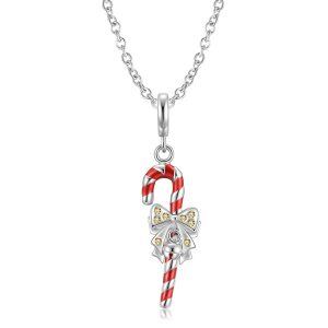 Sterling Silver Christmas Resin Candy Cane Enamel Pendant Necklace-0