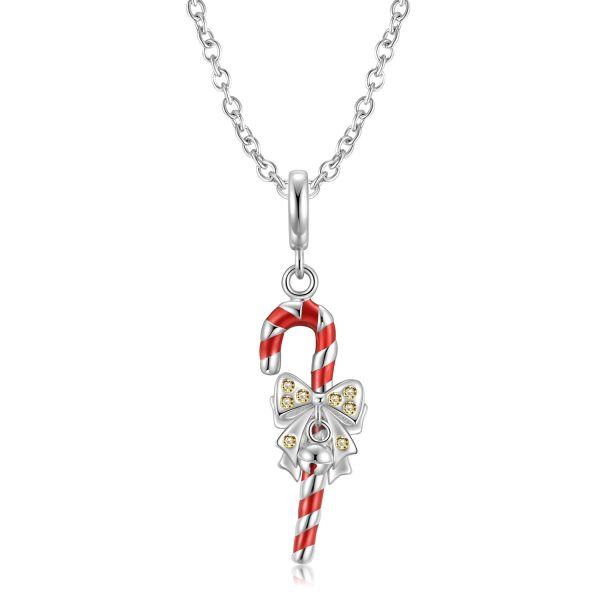 Sterling Silver Christmas Resin Candy Cane Enamel Pendant Necklace-0